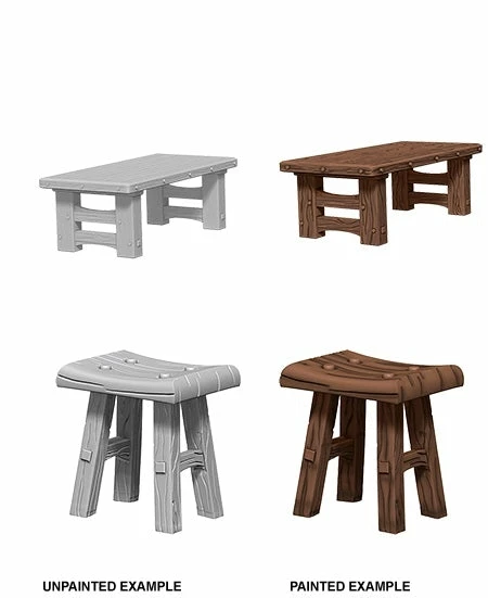 Wooden Table & Stools - WizKids Deep Cuts Unpainted Miniatures 3 Wooden Table & Stools - WizKids Deep Cuts Unpainted Miniatures